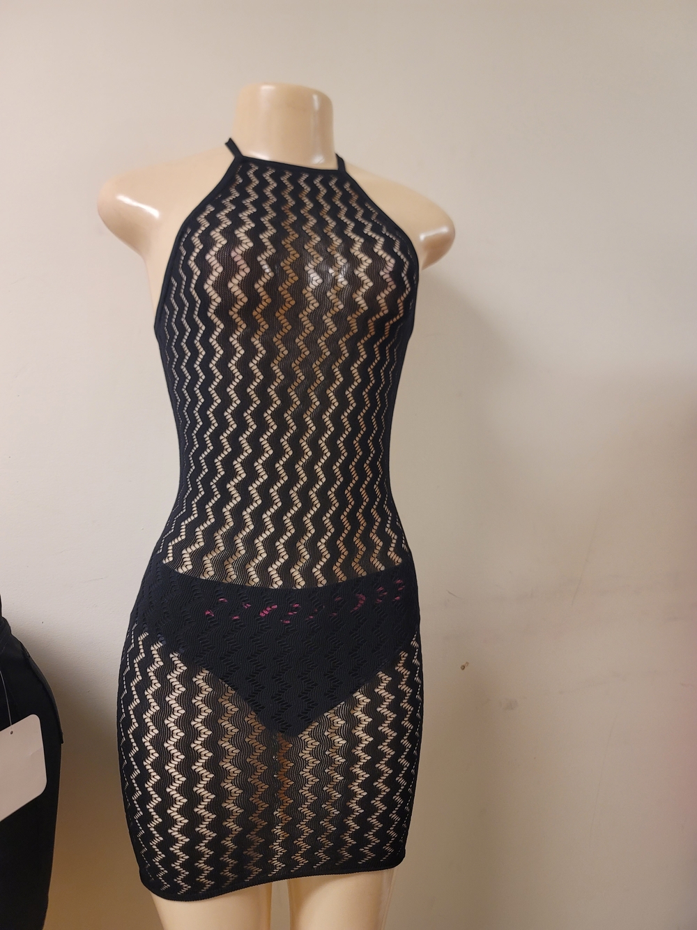 Black Sheer Zigzag Crochet Halter Bodycon Dress